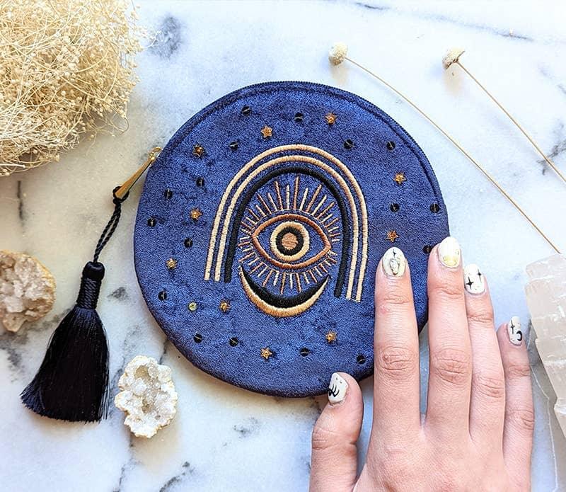 Embroidered Velvet Pouch - Third Eye - Blue Velvet Clutch - Esme and Elodie