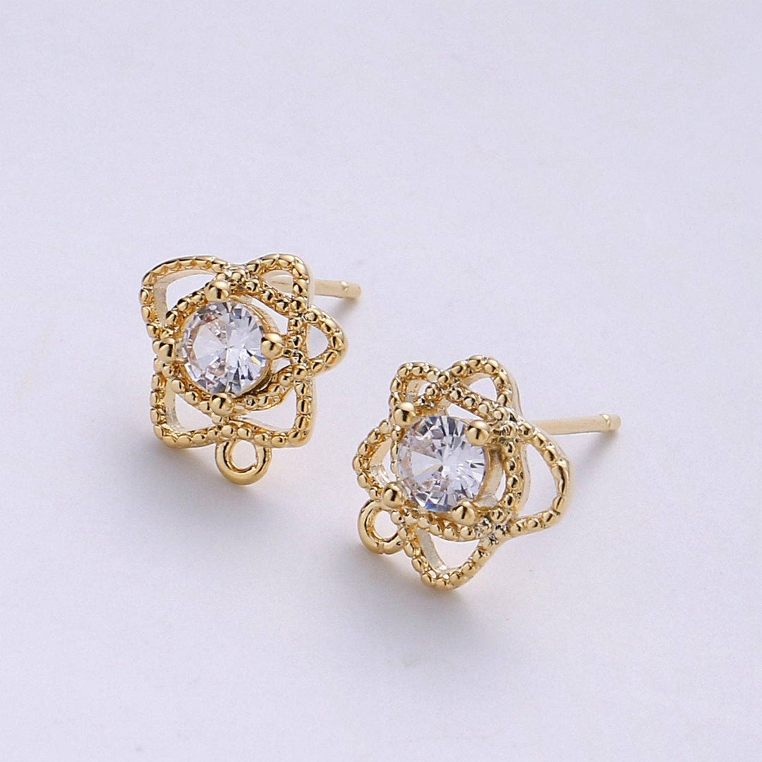 1 pair Flower Stud Earring 24k Gold Filled=Micro Pave Floral Stud