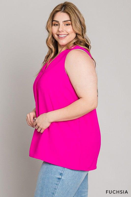 Hot Kiss- Bright salmon color vneck sleeveless front detail top - Esme and Elodie