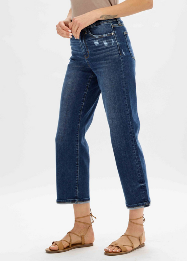 Women Judy Blue High Waist destroyed pocket wide leg crop jeans