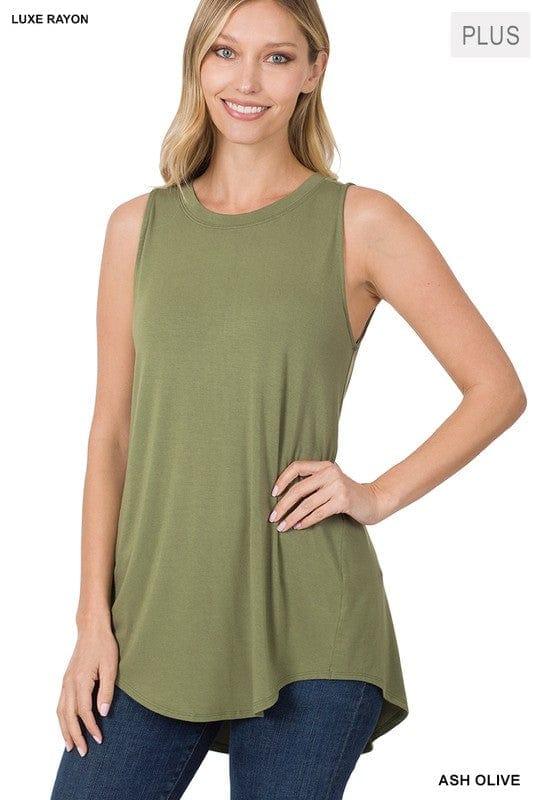 Plus Women's Round Neck Softest Sleeveless Top in Ash Olive - Esme and Elodie