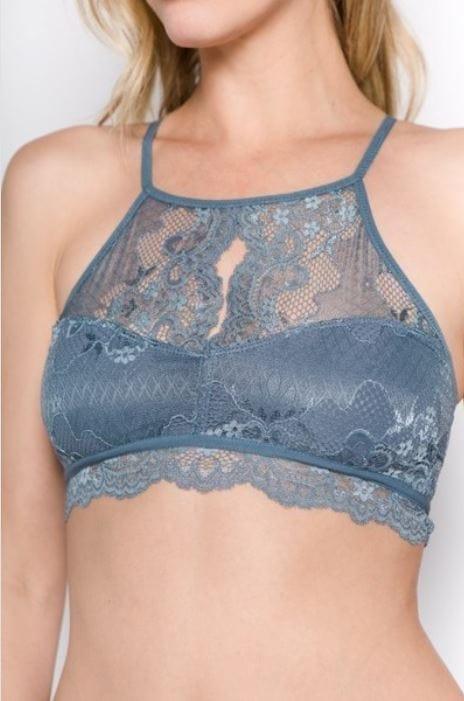 Sky women's halter lace bralette in mid blue - Esme and Elodie