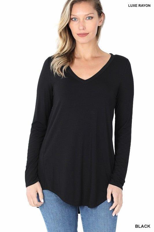 V-Neck Solid Long Sleeve T Black - Esme and Elodie