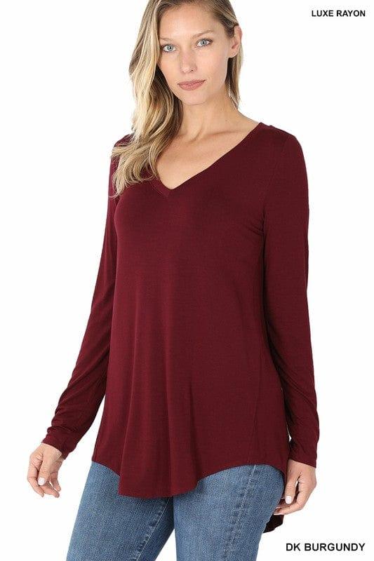 V-Neck Solid Long Sleeve T -Burgundy - Esme and Elodie