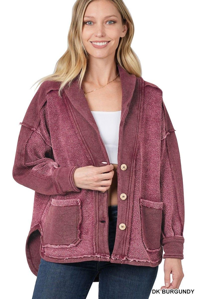 Women's Wine color Vintage heavy french terry button down jacket - Esme and Elodie