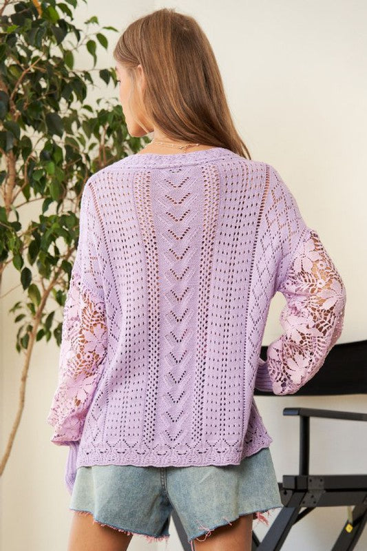 Womens Lilac Lace Crochet Long Sleeve Crewneck Sweater