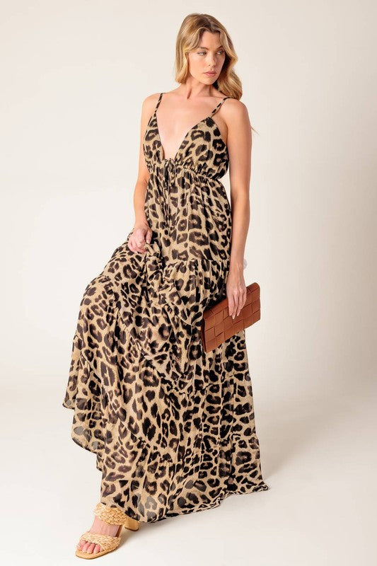 Flying Tomato Womens printed cheetah maxi dress