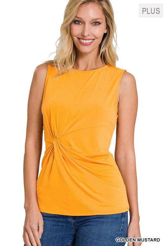 PLUS SIZE ITY KNOT-FRONT SLEEVELESS TOP in Golden Mustard