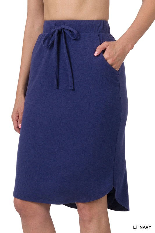 Plus Size Zenana elastic waist self tie tulip hem skirt in Navy Blue