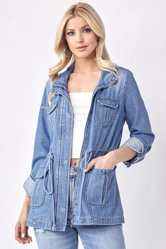 Plus Size denim shirt  with zip up hoodie in light wash