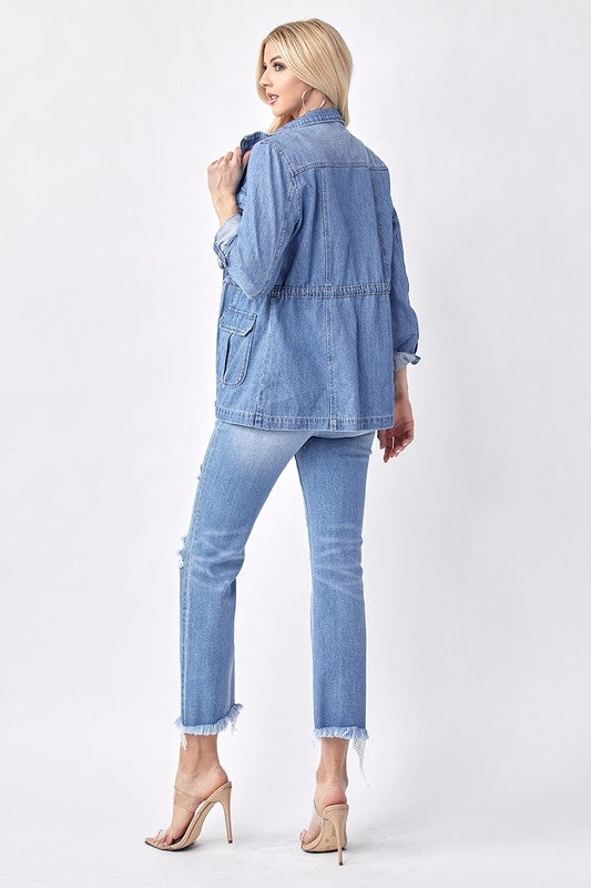Plus Size denim shirt  with zip up hoodie in light wash
