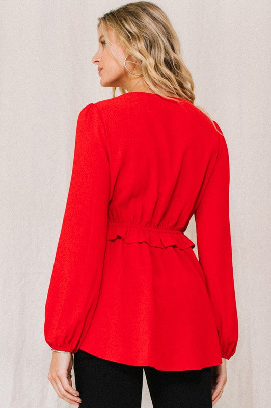 Womens Oddi Solid Button Down Blouse- Red and Black