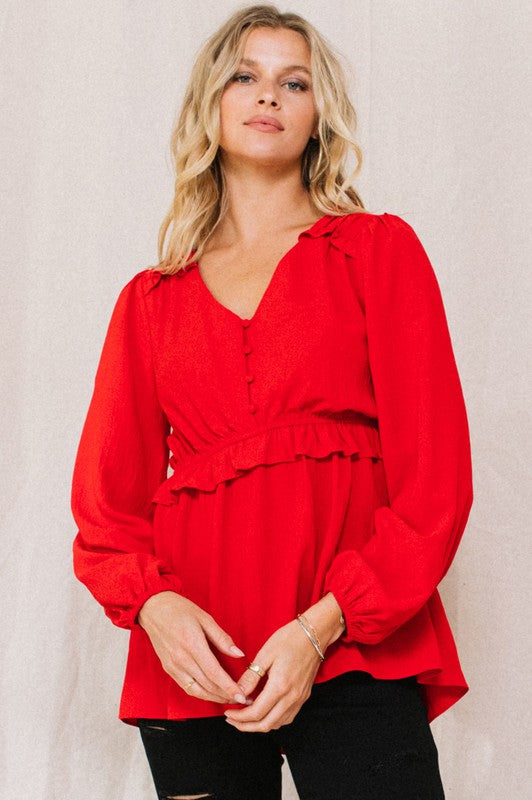 Womens Oddi Solid Button Down Blouse- Red and Black