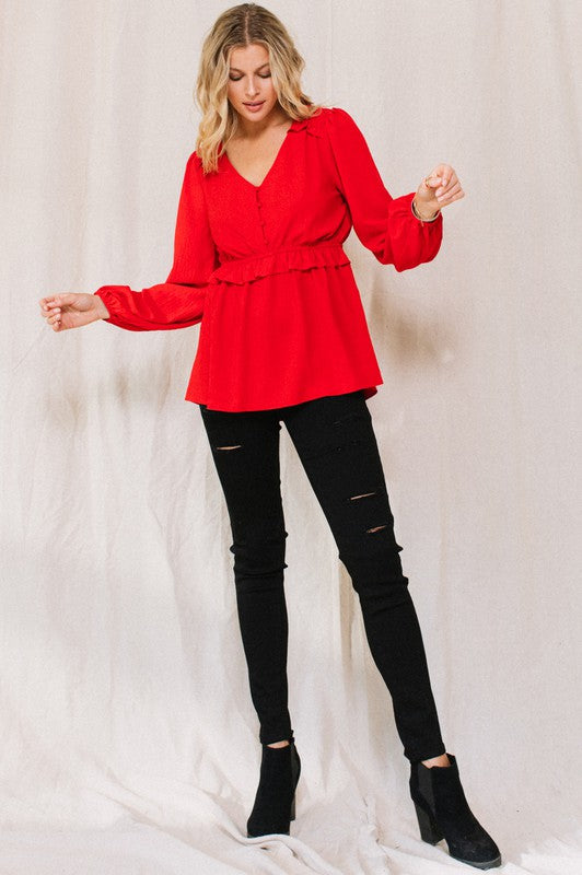 Womens Oddi Solid Button Down Blouse- Red and Black