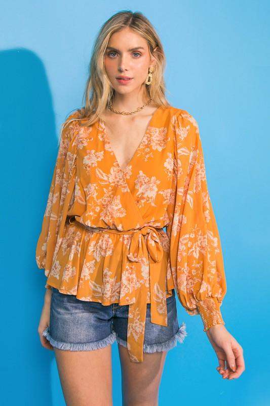 Womens Orange Floral Wrap Long Sleeve Blouse