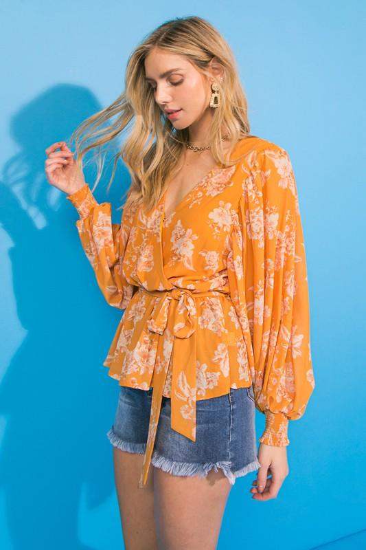 Womens Orange Floral Wrap Long Sleeve Blouse