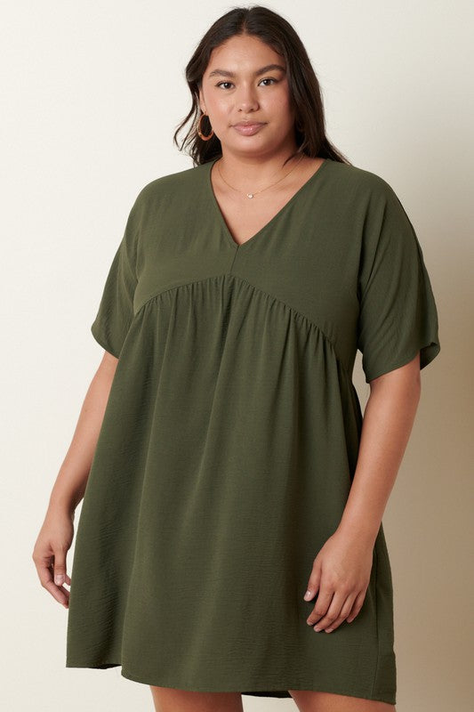 Plus Size Airflow Woven Fabric V-Neck Dress in Army Green