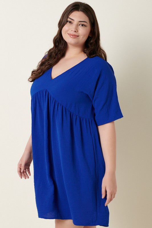 Plus Size Airflow Woven Fabric V-Neck Dress in Cobalt