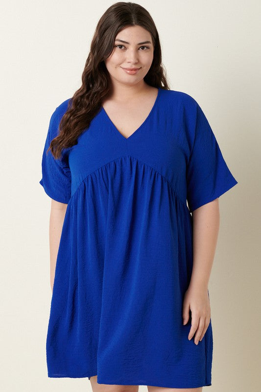 Plus Size Airflow Woven Fabric V-Neck Dress in Cobalt