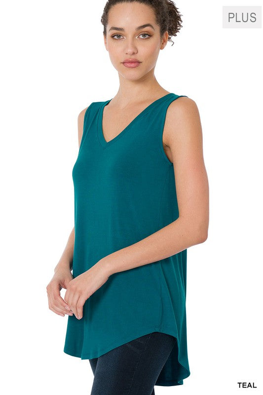 Plus Size PLUS LUXE RAYON SLEEVELESS V-NECK HI-LOW HEM TOP in Teal