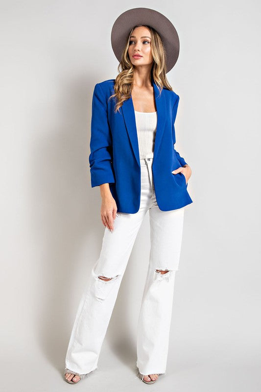Plus Size Classic Blazer with Ruched Sleeves in Cobalt