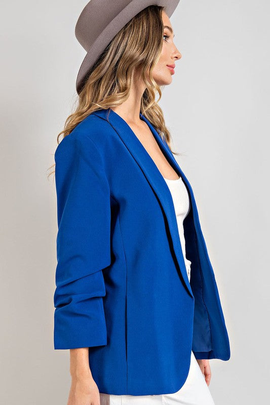 Plus Size Classic Blazer with Ruched Sleeves in Cobalt