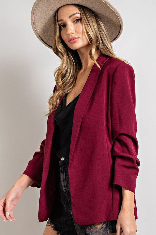 Plus Size Classic Blazer with Ruched Sleeves in Maroon