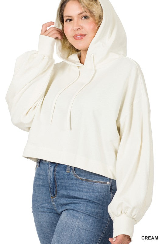 Plus size french terry drop shoulder crop hoodie in cream