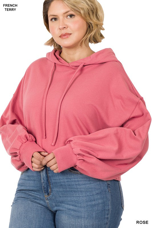 Plus size terry drop shoulder cropped hoodie in rose