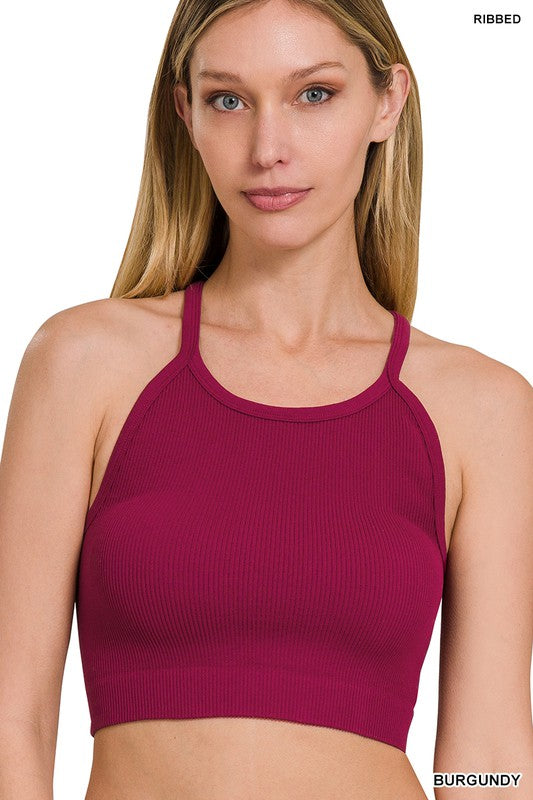Womens Ribbed seamless cami top high neck in burgundy
