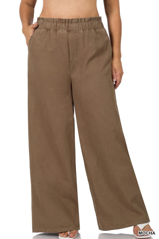 PLUS Size STONE WASHED CANVAS PAPERBAG WAIST WIDE LEG PANTS WITH POCKETS in Mocha