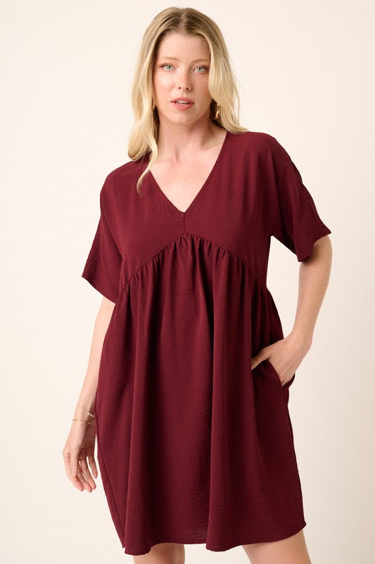 Plus Size Airflow Woven Fabric V-Neck Dress in Port