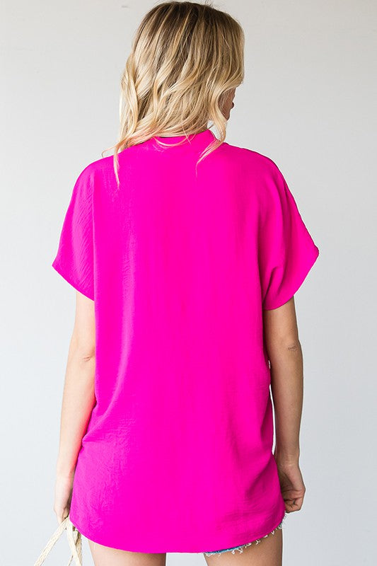 Plus Size- First Love: vneck woven top with drop shoulder, hi-lo hem and slits on the side