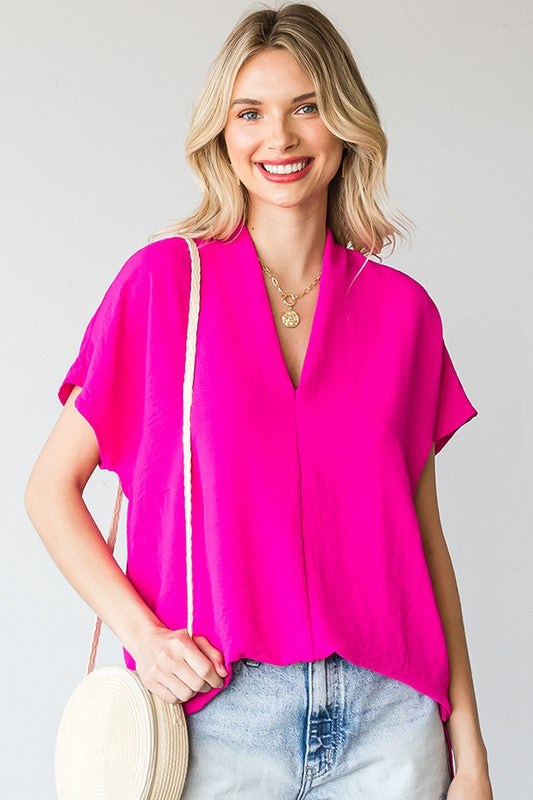 Plus Size- First Love: vneck woven top with drop shoulder, hi-lo hem and slits on the side