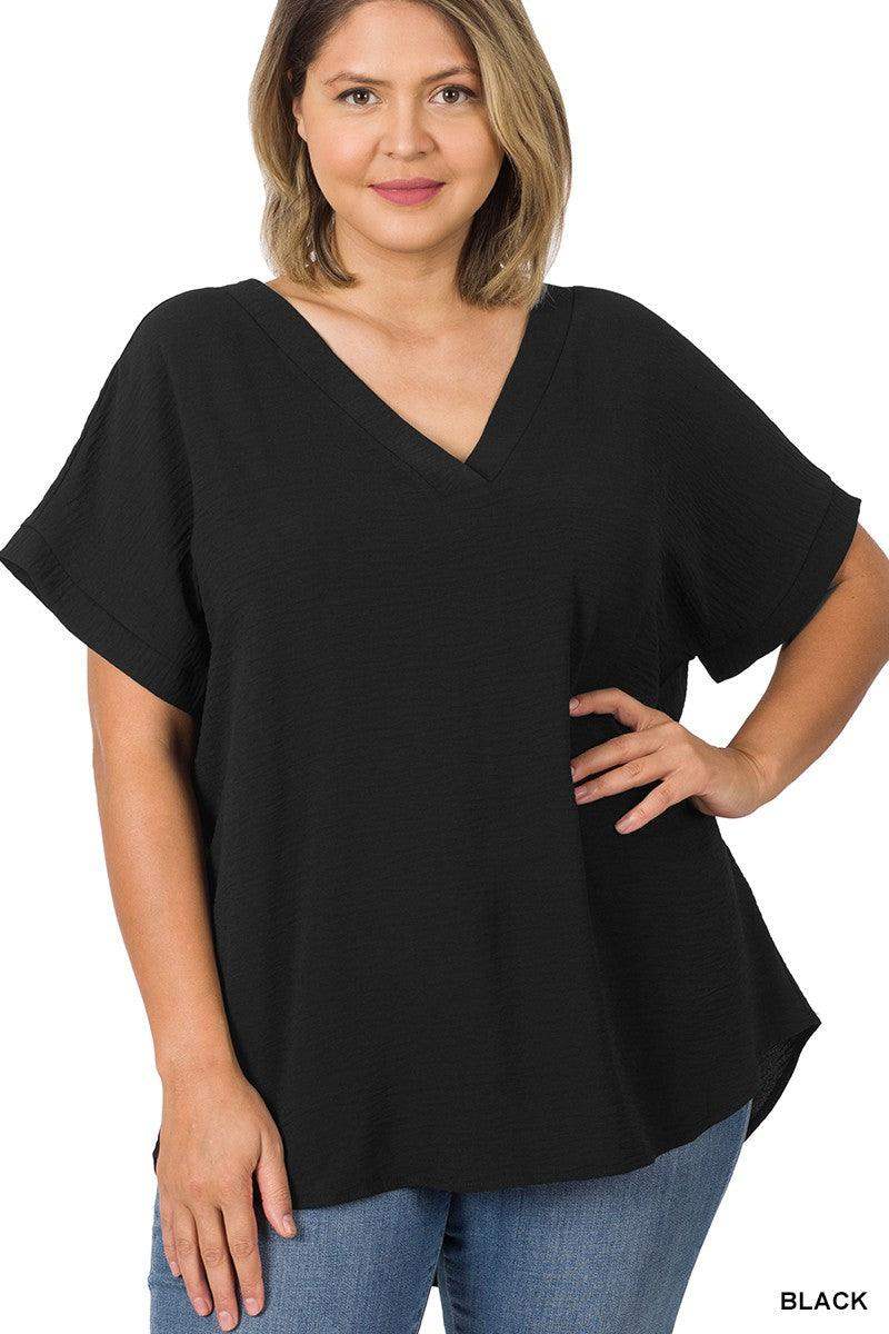 Womens PLUS WOVEN AIRFLOW V-NECK HI-LOW HEM TOP in Black
