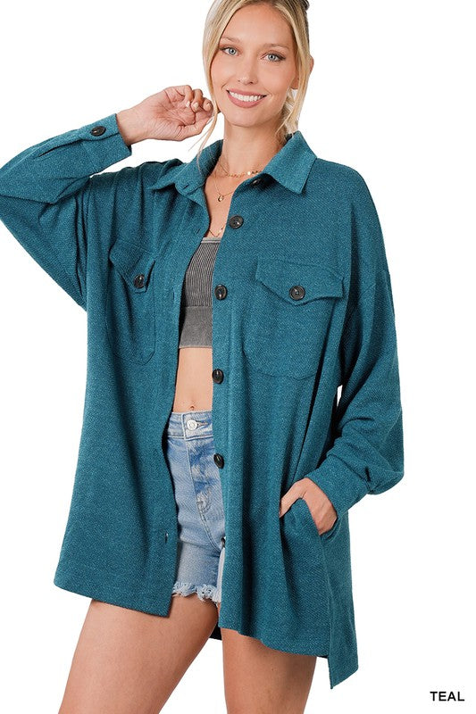 Plus Size oversized soft jacquard shacket in teal