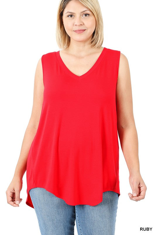 Plus size PLUS LUXE RAYON SLEEVELESS V-NECK HI-LOW HEM TOP in ruby
