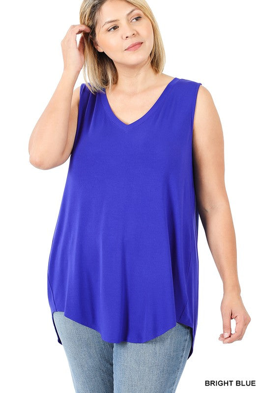 Plus size PLUS LUXE RAYON SLEEVELESS V-NECK HI-LOW HEM TOP in bright blue