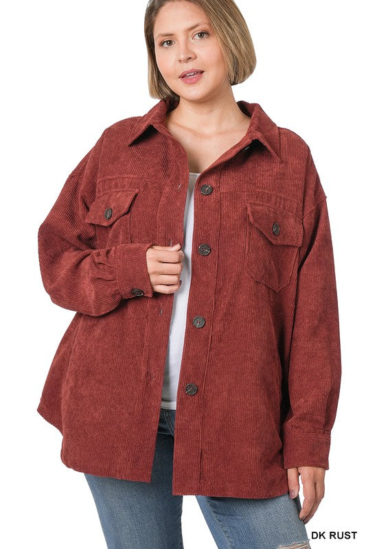 Plus Size oversize corduroy button front jacket in Rust