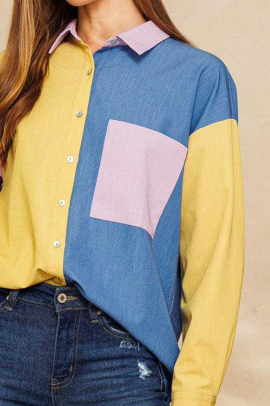Plus Size Color Blocked Button Down