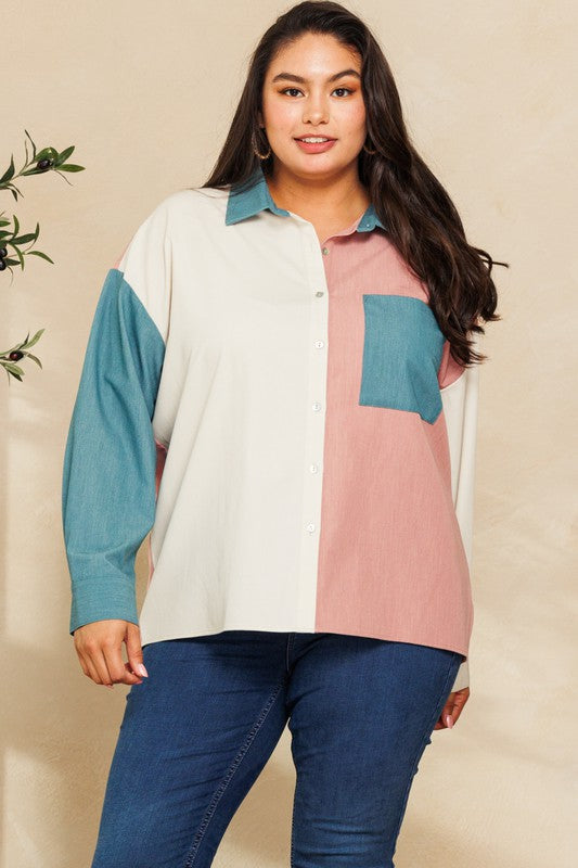 Plus Size Color Blocked Button Down