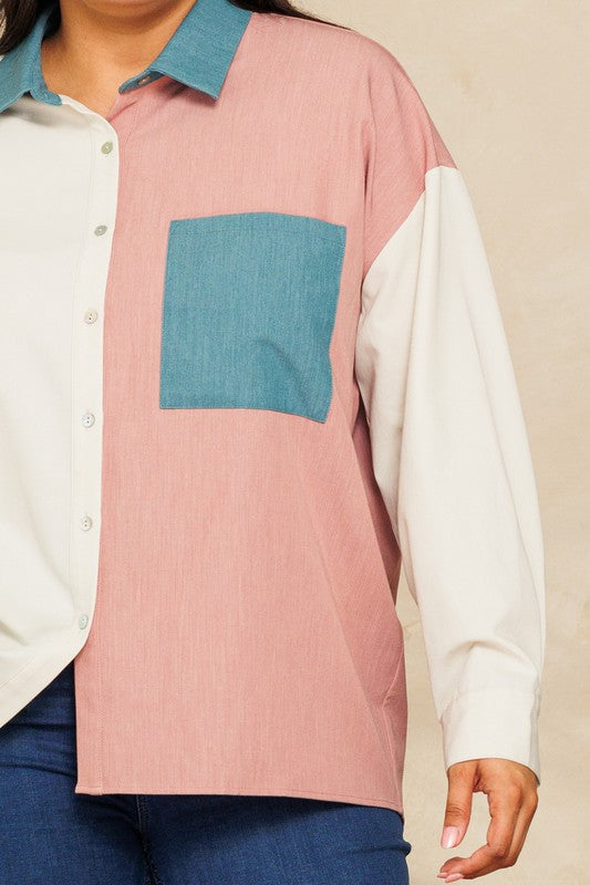 Plus Size Color Blocked Button Down