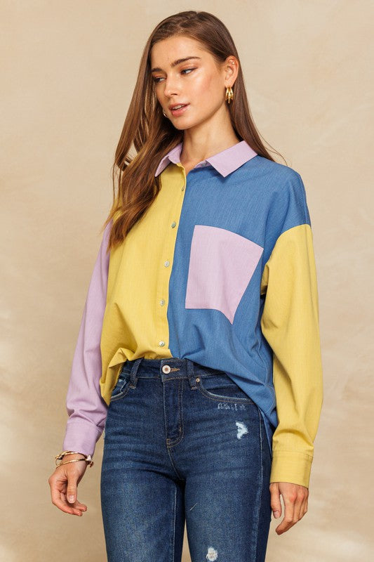 Plus Size Color Blocked Button Down