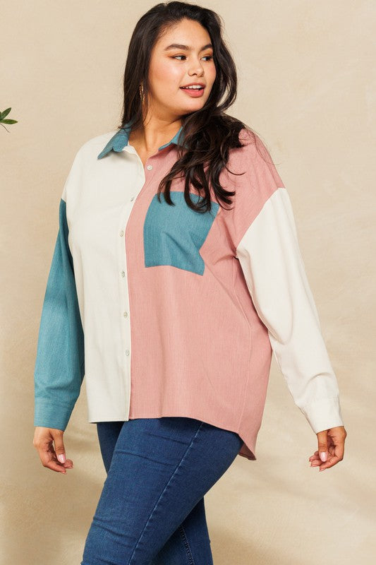 Plus Size Color Blocked Button Down
