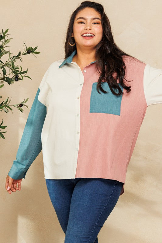 Plus Size Color Blocked Button Down