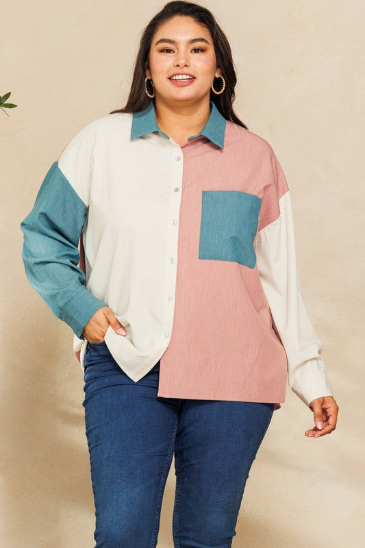 Plus Size Color Blocked Button Down