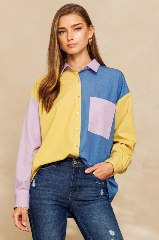 Plus Size Color Blocked Button Down