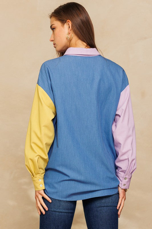 Plus Size Color Blocked Button Down
