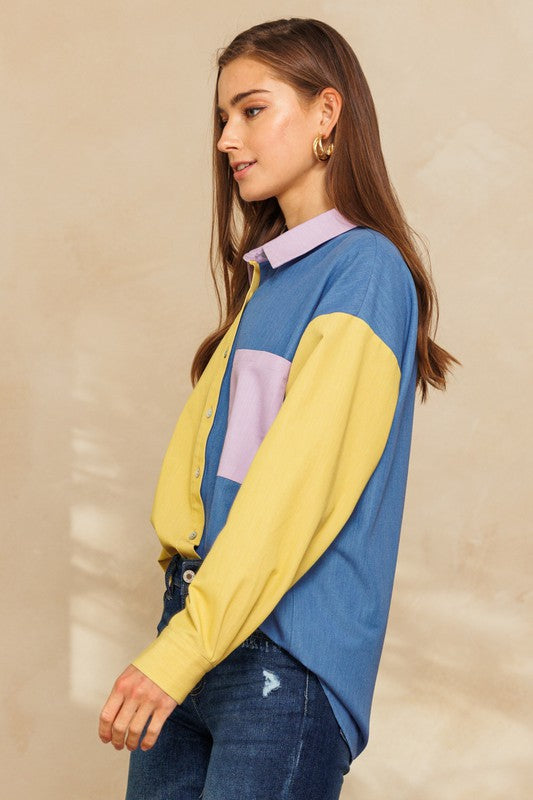 Plus Size Color Blocked Button Down