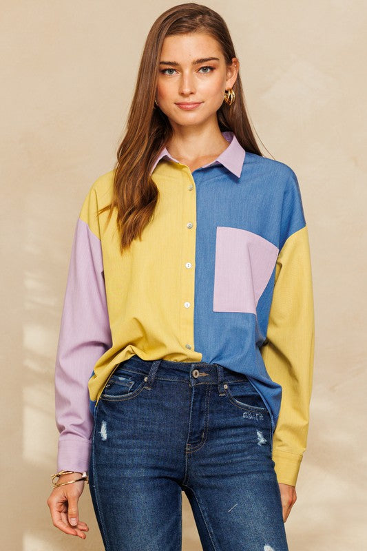 Plus Size Color Blocked Button Down